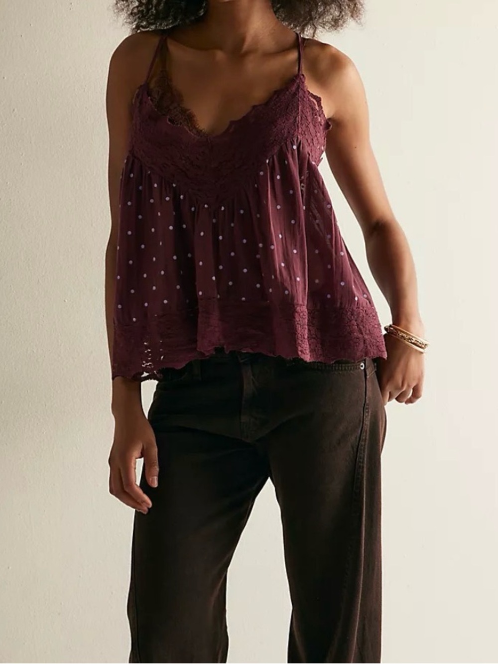 Free People ‘Fiona’ Plum Lace-Trim Polka Dot Camisole - Picture 2 of 4